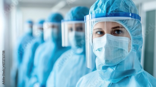 Healthcare workers in protective gear standing in hospital hallway