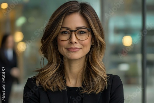 A confident woman with glasses poses for a portrait, showcasing a professional look against a blurred background.