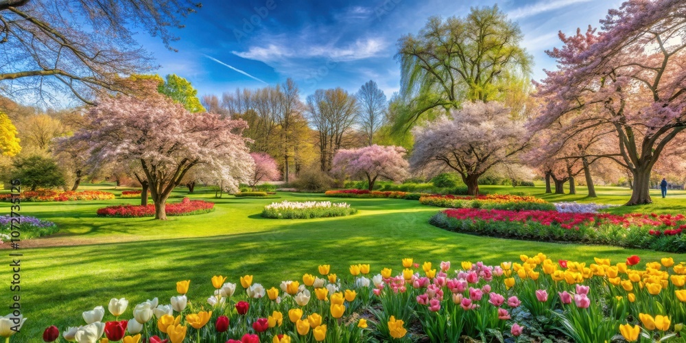Obraz premium A vibrant garden with a blooming pink and white cherry blossom tree in the foreground, surrounded by colorful flowers, lush green grass, and a clear blue sky with fluffy clouds