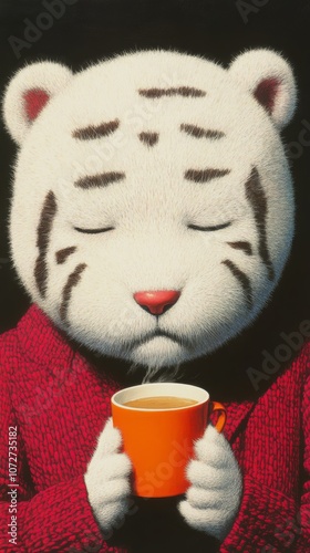 A cute soft white tiger, the plush toy, having a cup of coffee in a cafe, тhe concept of sympathy, comfort, and wellness. photo