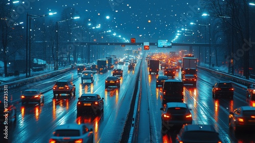 A busy highway at night with vehicles illuminated by streetlights and reflecting on wet pavement. photo