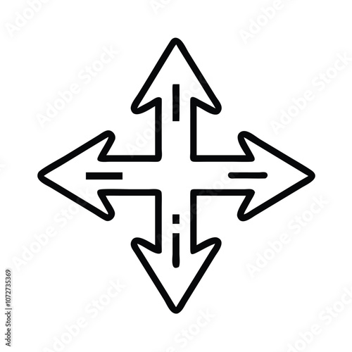 Four-way directional arrow icon, Black line art icon showing arrows pointing in four directions, commonly used for movement, navigation, or resize indicators.
