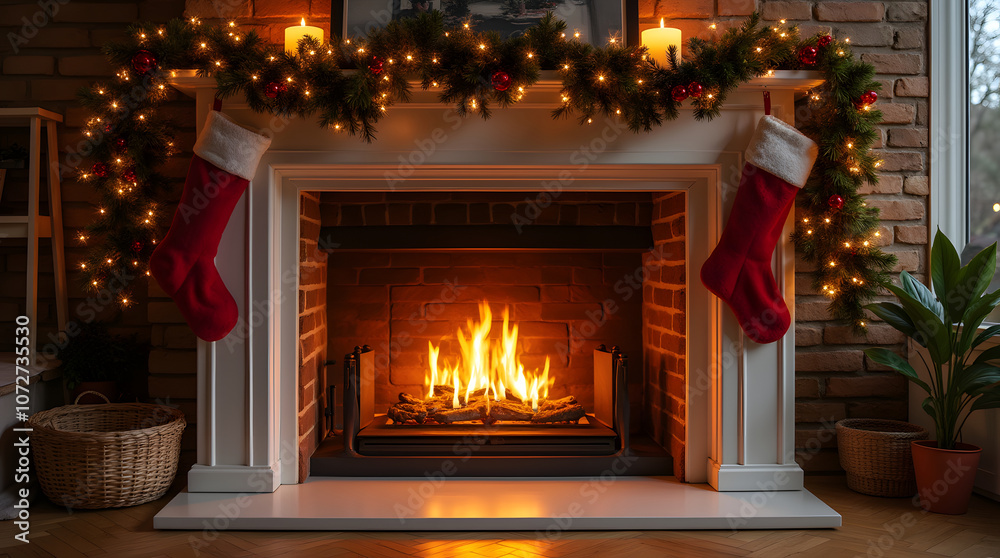 Modern fireplace with stockings, holiday garlands, and a flux glow effect