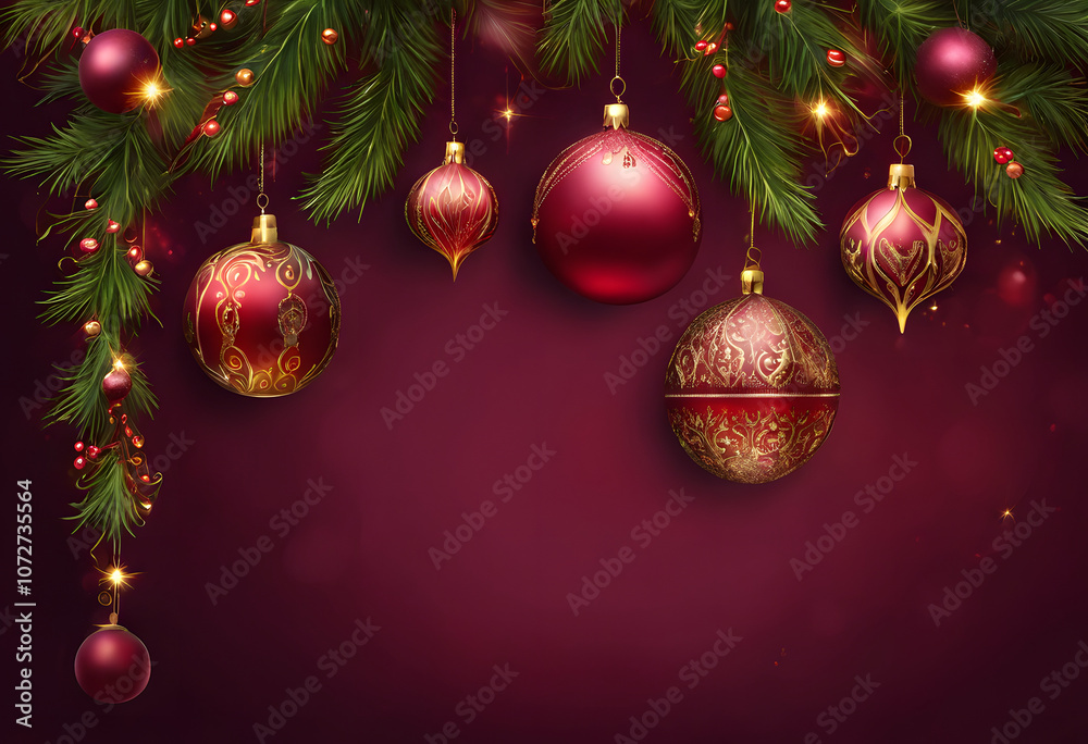 Elegant Christmas ornaments with intricate gold designs on a blurred festive background.