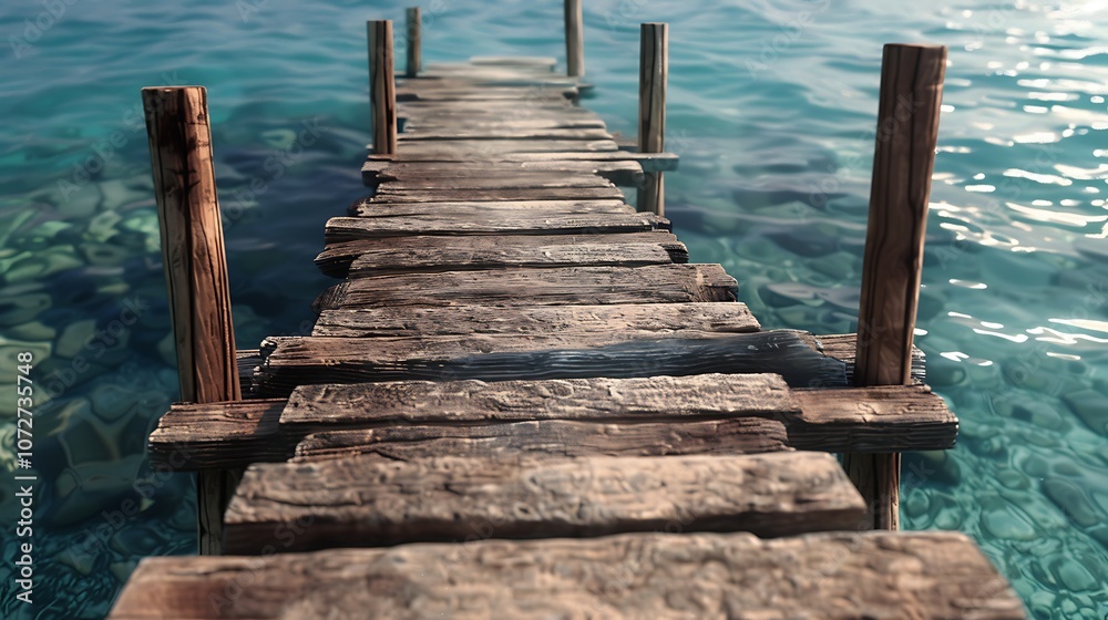 Fototapeta premium Wooden jetty leading to the sea with blue sky and clouds
