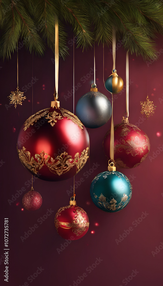 Elegant Christmas ornaments with intricate gold designs on a blurred festive background. Elegant Christmas ornaments with intricate gold designs on a blurred festive background.