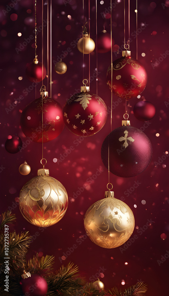 Elegant Christmas ornaments with intricate gold designs on a blurred festive background. Elegant Christmas ornaments with intricate gold designs on a blurred festive background.