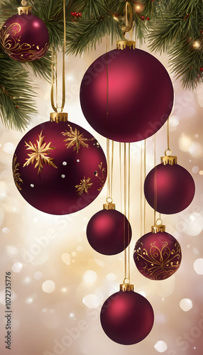 Elegant Christmas ornaments with intricate gold designs on a blurred festive background.