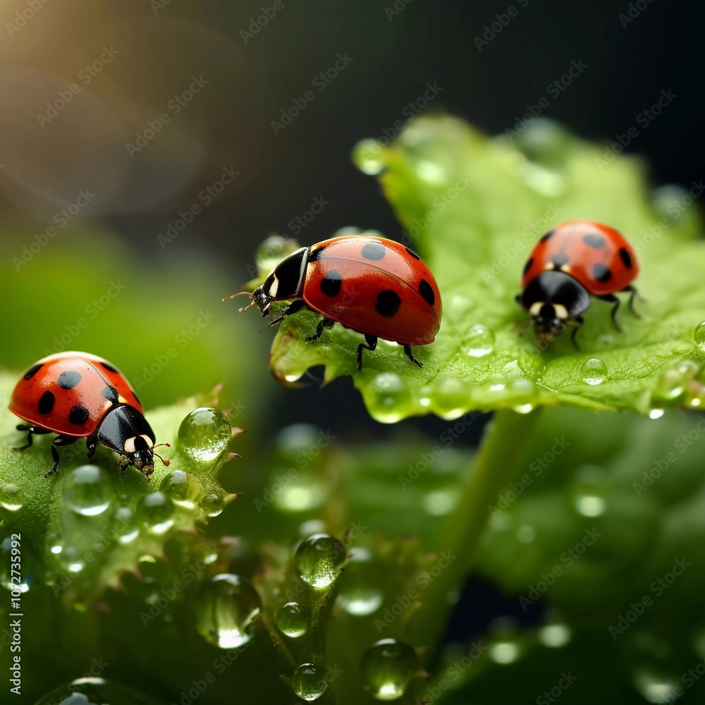 Three ladybugs on green leaves with droplets, showcasing nature's beauty and detail. Three ladybugs on green leaves with droplets, showcasing nature's beauty and detail.