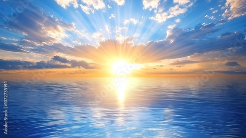 A stunning sunrise over a calm ocean, with sun rays piercing through the clouds.