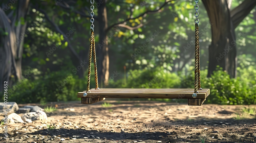 Wooden swing in the garden at sunset time with