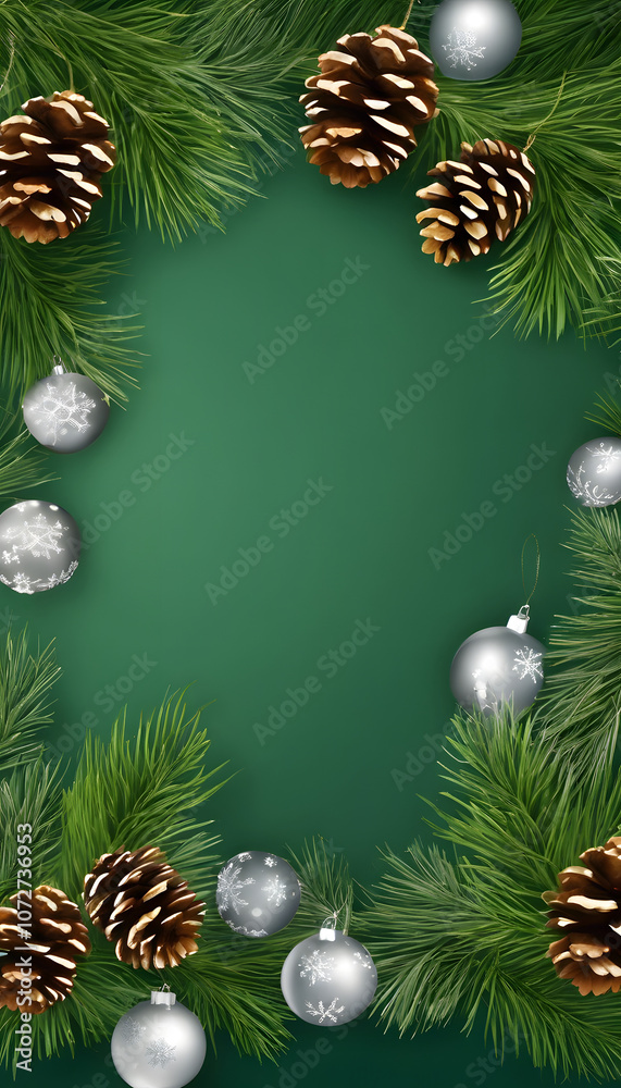 Festive Christmas background with pine branches, ornaments, and pinecones. Festive Christmas background with pine branches, ornaments, and pinecones.