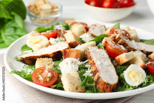 Tasty Caesar salad with chicken and tomatoes on white wooden table, closeup