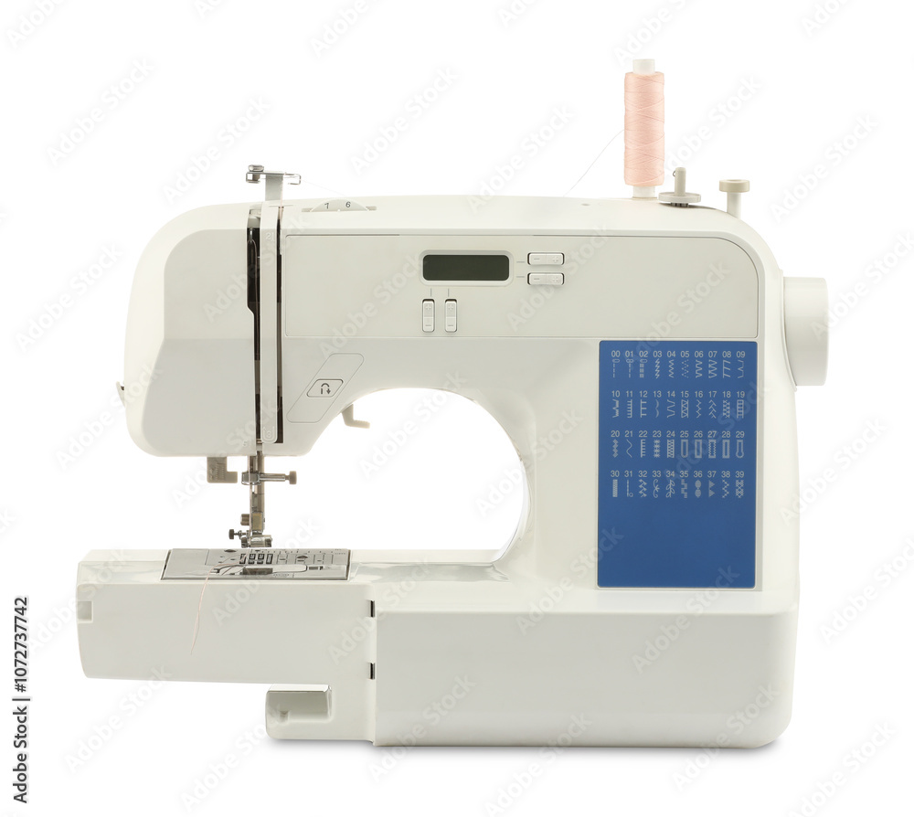 One modern sewing machine isolated on white One modern sewing machine isolated on white