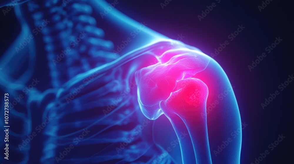 Shoulder agony: visualization of pain in joint, featuring red glowing area that highlights source of discomfort, representing inflammation or injury, its effect on daily activities and mobility.