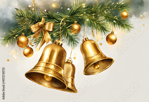 Golden Christmas bells with bows hanging from a pine branch, surrounded by festive ornaments and snowflakes, creating a holiday atmosphere.