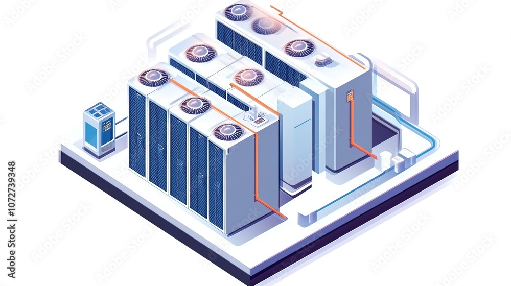 An isometric illustration of a data center with multiple servers and cooling systems. An isometric illustration of a data center with multiple servers and cooling systems.