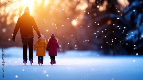 A parent walking with two children in winter, snowflakes falling under a warm sunset.