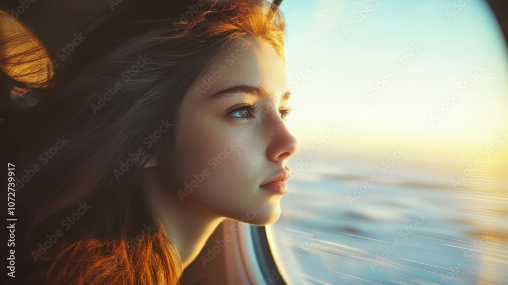 Woman Looking Out Window at Sunset Woman Looking Out Window at Sunset