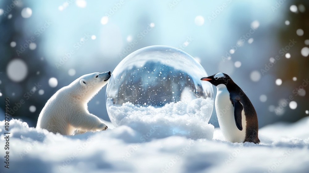 Fototapeta premium A polar bear and a penguin curiously examining a snow globe in a winter wonderland.