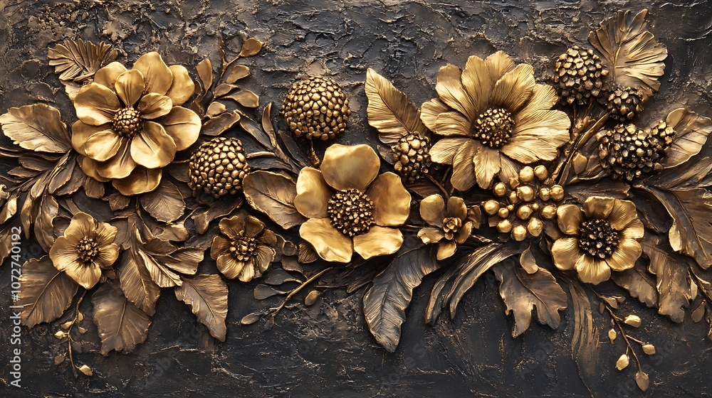 Fototapeta premium Golden Floral Relief on a Black Background