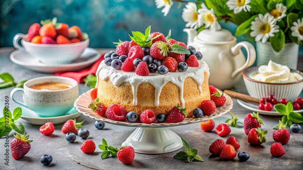 Exquisite Angel Food Cake Served with Fresh Berries and Cream for a Delightful Afternoon Tea Experience, Ideal for Mobile Photography and Elegant Dessert Presentation Exquisite Angel Food Cake Served with Fresh Berries and Cream for a Delightful Afternoon Tea Experience, Ideal for Mobile Photography and Elegant Dessert Presentation