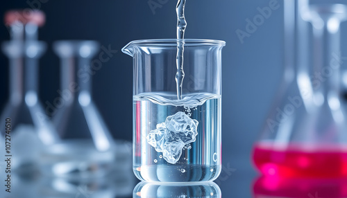 Beaker with water, clear liquid in lab mixer close up isolated with white highlights, png photo