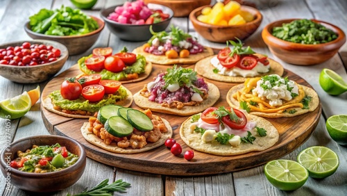 Exquisite Collection of Tostadas Arranged on a Rustic Wood Plate, Isolated on White Background for Culinary Presentation and Food Photography Purposes