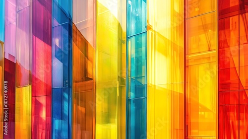 Colorful glass facade of a modern building reflecting sunlight.