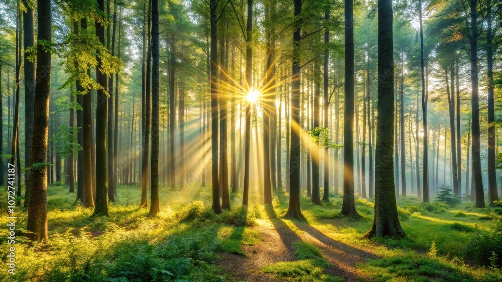 Naklejka premium Sunbeams illuminate a misty forest, casting long shadows through a dense canopy of green trees