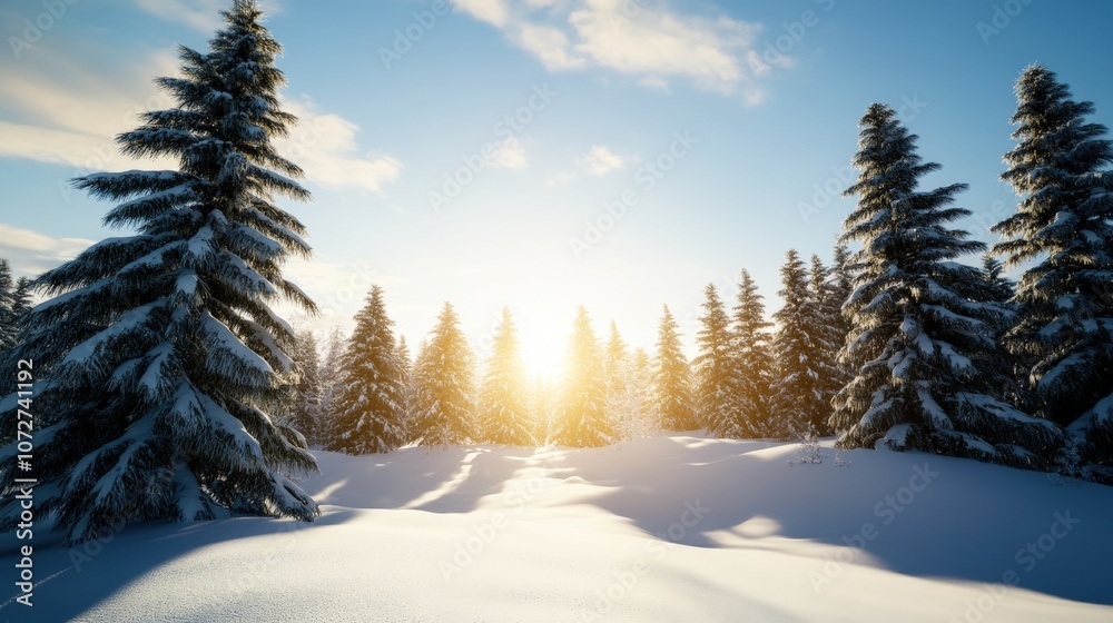 A serene winter landscape with snow-covered trees and a bright sunrise.