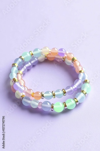 Friendship bracelets with multicolored beads, glow-in-the-dark accents, solid lavender background