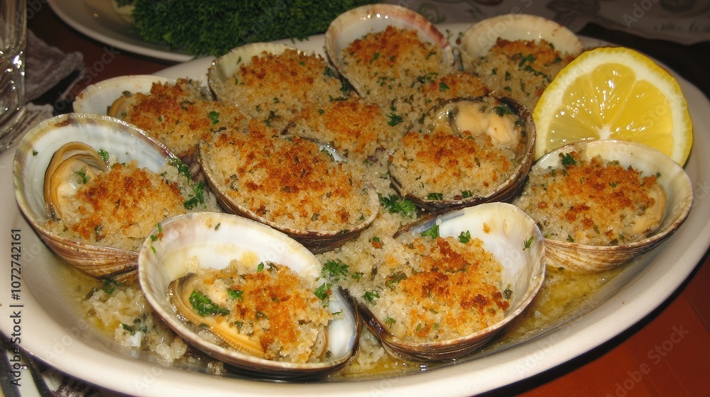 Baked Clams with Breadcrumb Topping and Lemon Slice Baked Clams with Breadcrumb Topping and Lemon Slice