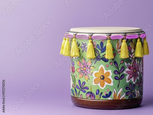 Vibrant hand-painted drum adorned with whimsical floral designs, neon tassels cascading from the edge, deep purple backdrop. photo