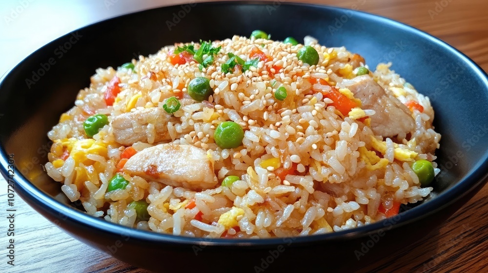 Delicious Chicken Fried Rice in a Black Bowl Delicious Chicken Fried Rice in a Black Bowl