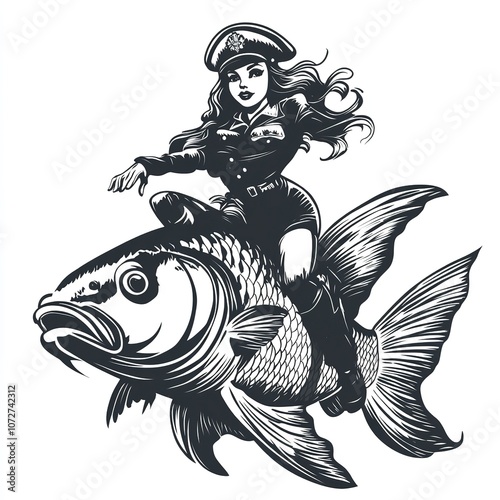  a female sailor riding on the back of a carp in monochrome vector: photo