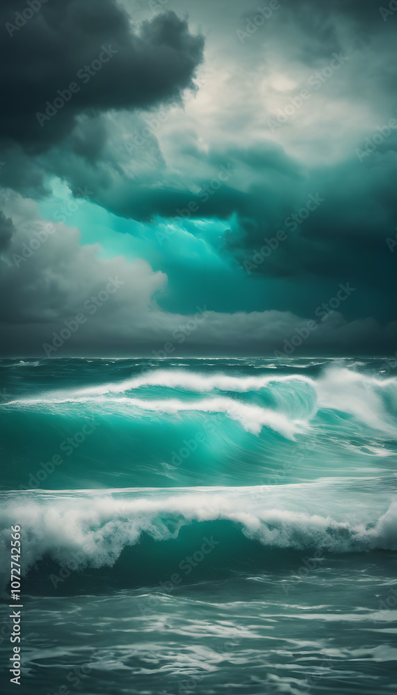 Obraz premium Dramatic ocean waves under a stormy sky with dark clouds.
