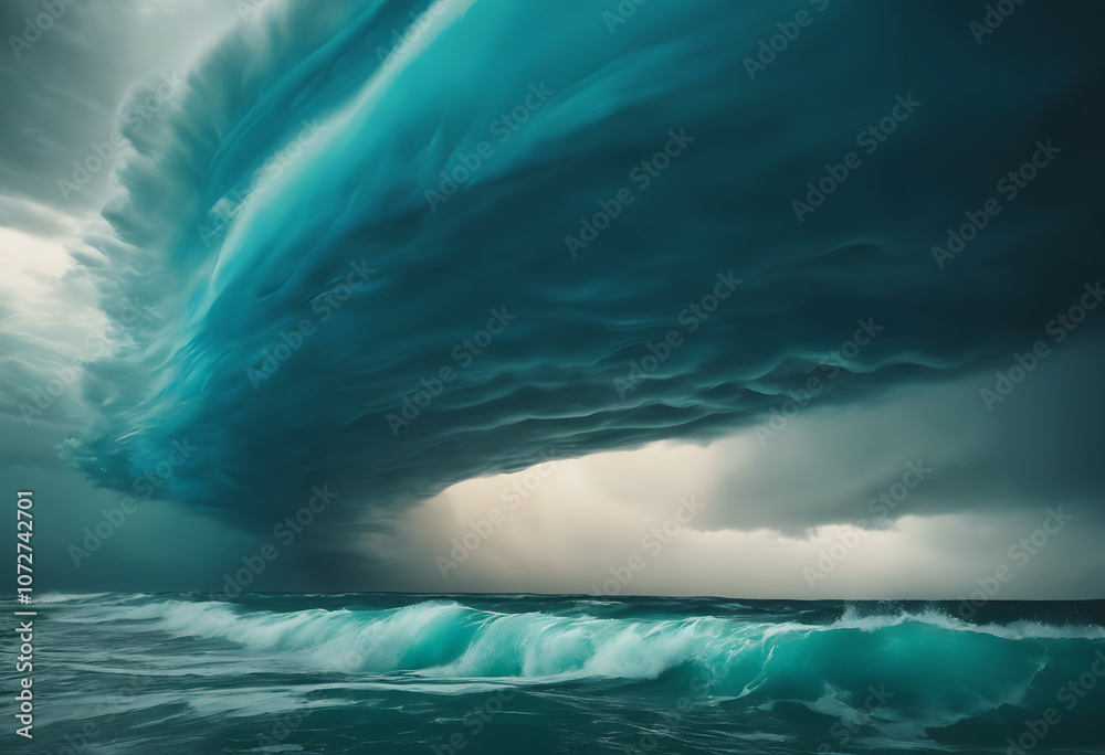 Fototapeta premium Dramatic ocean waves under a stormy sky with dark clouds.