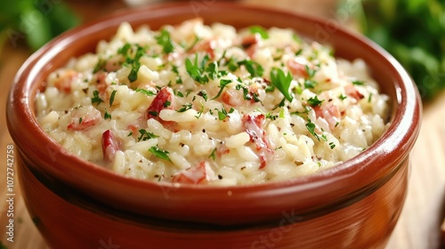 Creamy Risotto with Fresh Herbs and Bacon Topping