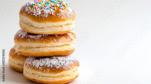 Delicious stacked donuts with colorful sprinkles and powdered sugar, perfect for sweet treat or dessert. Their glossy finish adds to appeal, making them irresistible! photo