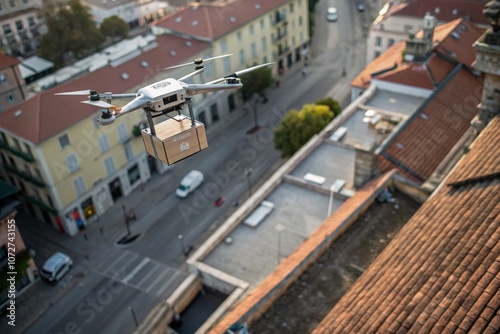 A drone delivering a package over a cityscape during sunset, showcasing modern delivery technology above rooftops