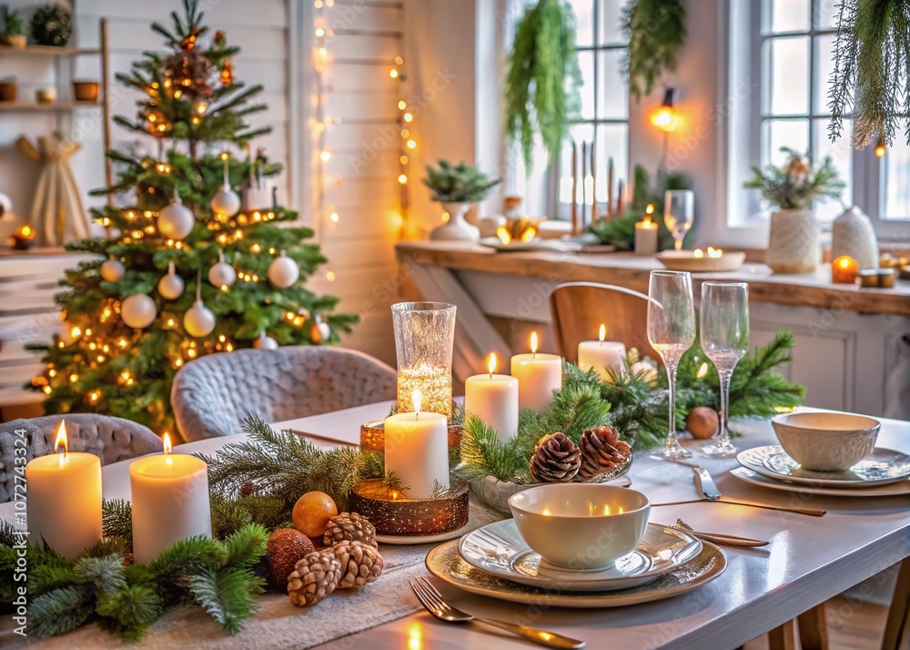 Festive Scandinavian Christmas and New Year Table Setting in Natural and White Tones with Candles for a Cozy Holiday Dining Experience Festive Scandinavian Christmas and New Year Table Setting in Natural and White Tones with Candles for a Cozy Holiday Dining Experience