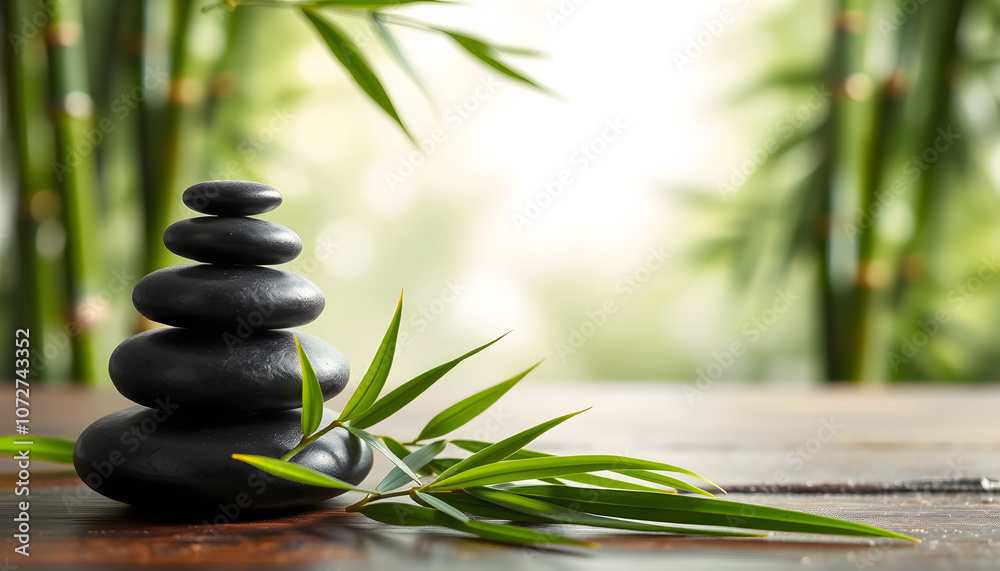 Spa stones and bamboo leaves on table against blurred background. Space for text isolated with white highlights, png Spa stones and bamboo leaves on table against blurred background. Space for text isolated with white highlights, png