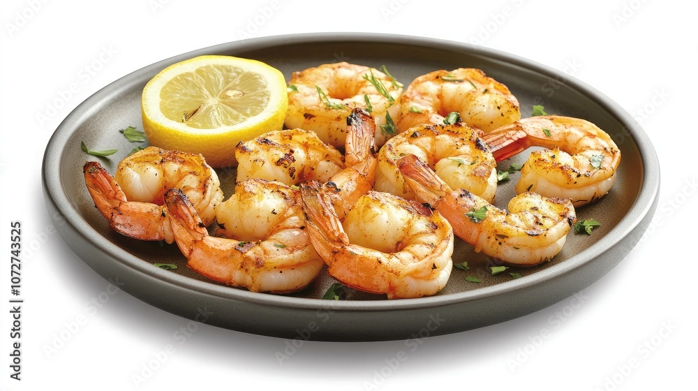 Grilled Shrimp with Lemon on Plate Grilled Shrimp with Lemon on Plate