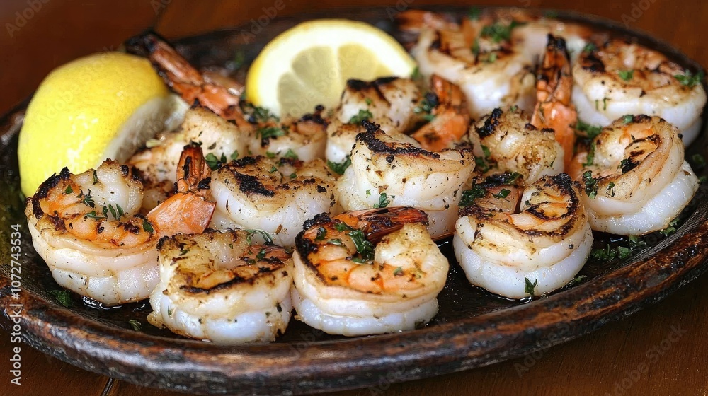 Grilled Shrimp with Lemon and Herbs on a Plate Grilled Shrimp with Lemon and Herbs on a Plate