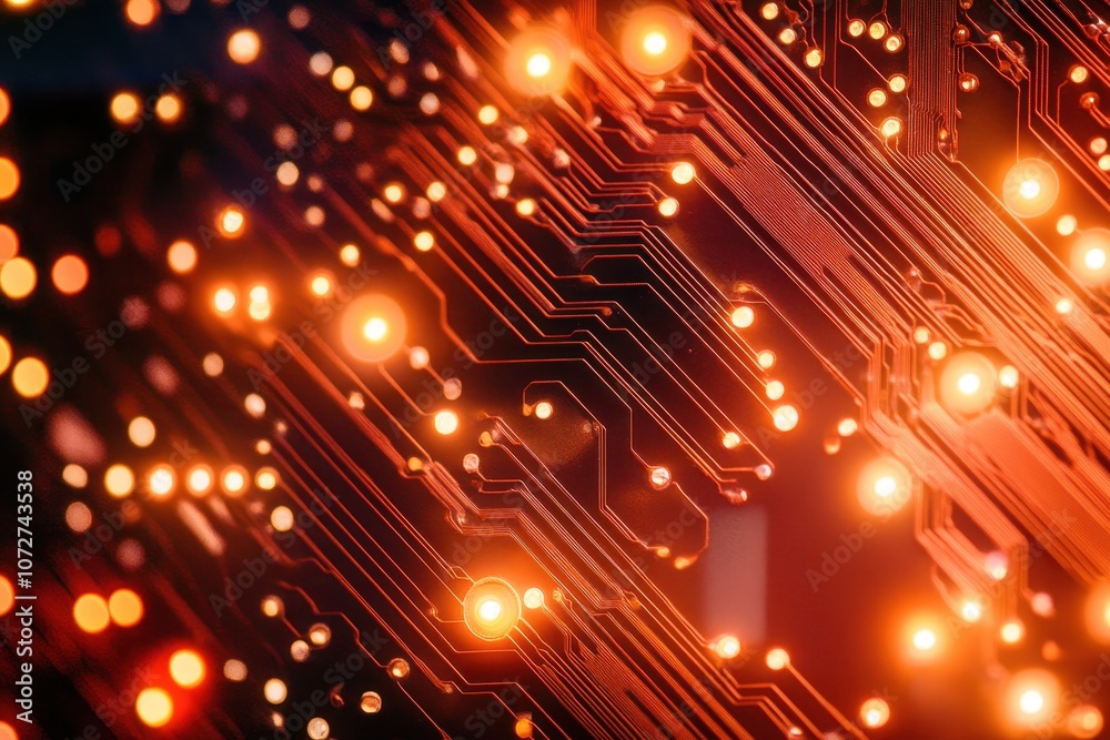 Fototapeta premium Warm Glow of Connecting Circuit Pins on Motherboard