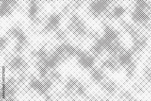 Grunge halftone gradient background. Faded grit noise texture. White and black sand wallpaper. Retro pixelated backdrop. Anime or manga style comic overlay. Vector graphic design textured template