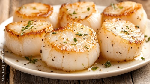 Seared scallops garnished with herbs on a plate