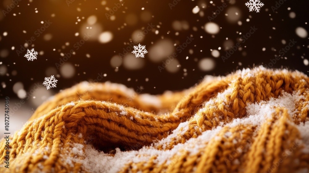 Close-up of a cozy knitted sweater adorned with falling snowflakes on a warm background. Close-up of a cozy knitted sweater adorned with falling snowflakes on a warm background.