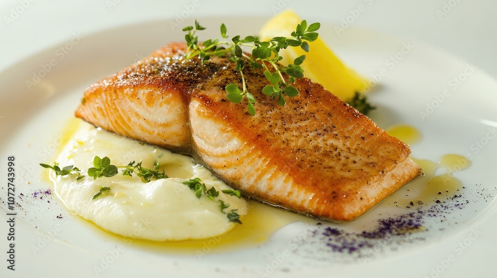 Grilled Salmon with Creamy Sauce and Lemon Slice Grilled Salmon with Creamy Sauce and Lemon Slice